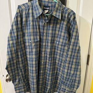 Wrangler Men's Blue and Yellow‎ Plaid Shirt Pearl Snaps